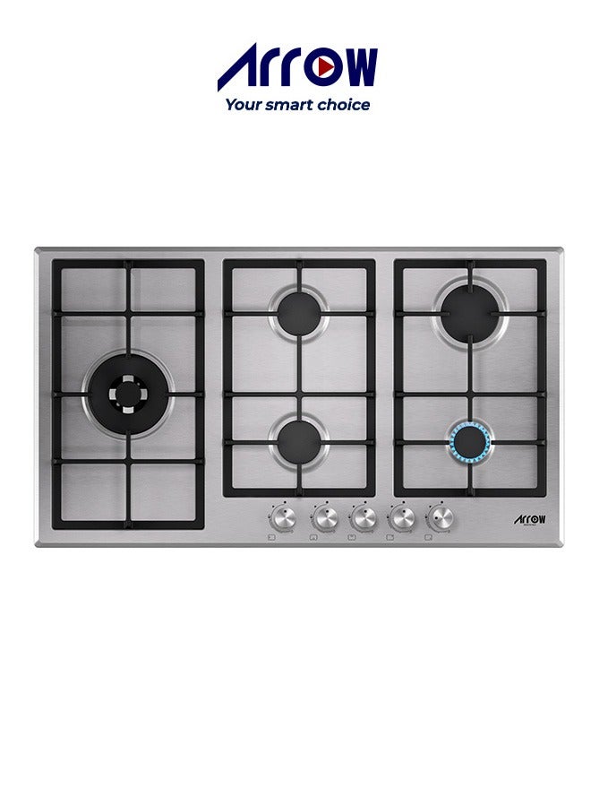 Arrow Gas Hob, 90 cm, Cast Iron Pan Supports | 1 double side burner | Silver color | Electric Ignition | 1 cast iron double ring burner | 1 Rapid burner  | 2 semi-rapid burners | Model Name: RO-HG905SHDK - Image 1