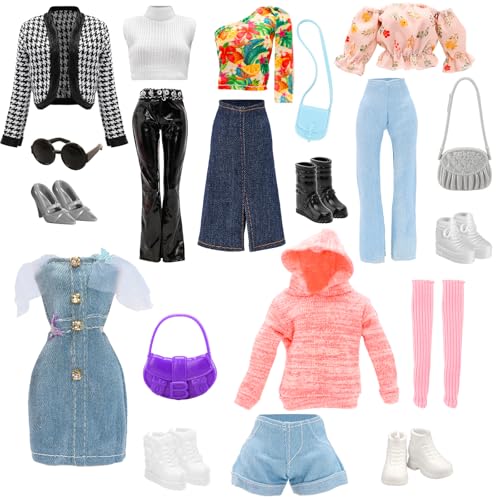HONLAELLA 15 PCS Doll Clothes Accessories Includes 5 Stylish Doll Outfit Hooded Wear Dress Jacket Casual Clothing with 5 Pairs of Shoes 5 Accessories for 115 Inch Girl Dolls Fashion Set - Image 1