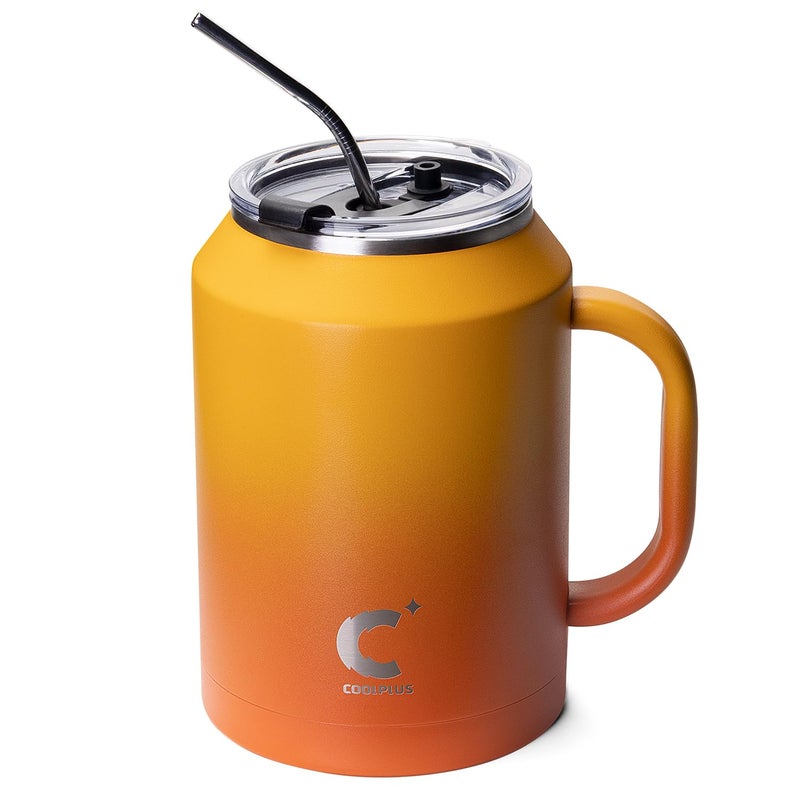 Coolplus 50 oz Mug Tumbler with Handle and Straw Large Stainless Steel Travel Insulated Water Cup with 2in1 Lid Double Wall Metal Keep Cold 36 hrs Sweet Proof BPAFree Sunset Yellow