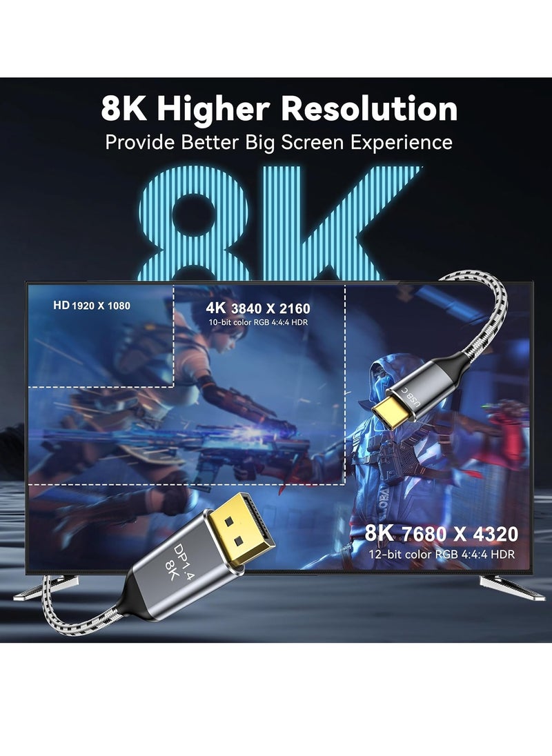 igeekwell - 8K USB C to DisplayPort 1.4 Cable, Type C to DisplayPort Cable (8K@60Hz, 4K@165Hz/144Hz/120Hz), 32.4Gbps, USB-C to DP Cable Compatible for MacBook Pro/Air, iPad, XPS -Braided Cord,Type C to DP(3M,1PACK) - Image 1