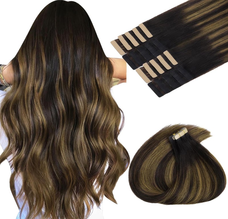 MAXITA Hair Extensions Tape in Hair Extensions Human Hair 18 inch 50g 20pcs Balayage Dark Brown to Chestnut Brown Real Human Hair Extensions Real Remy Seamless Straight Hair Extensions for Women