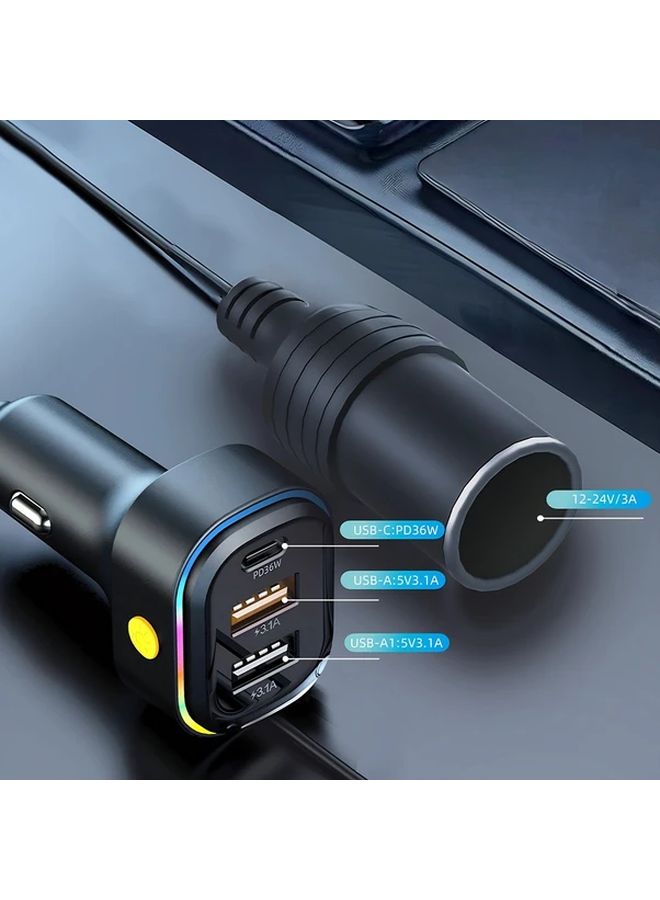 Black Car Cigar Lighter Plug 12V Extension Cable with USB PD36W Fast Charging Port - Image 3