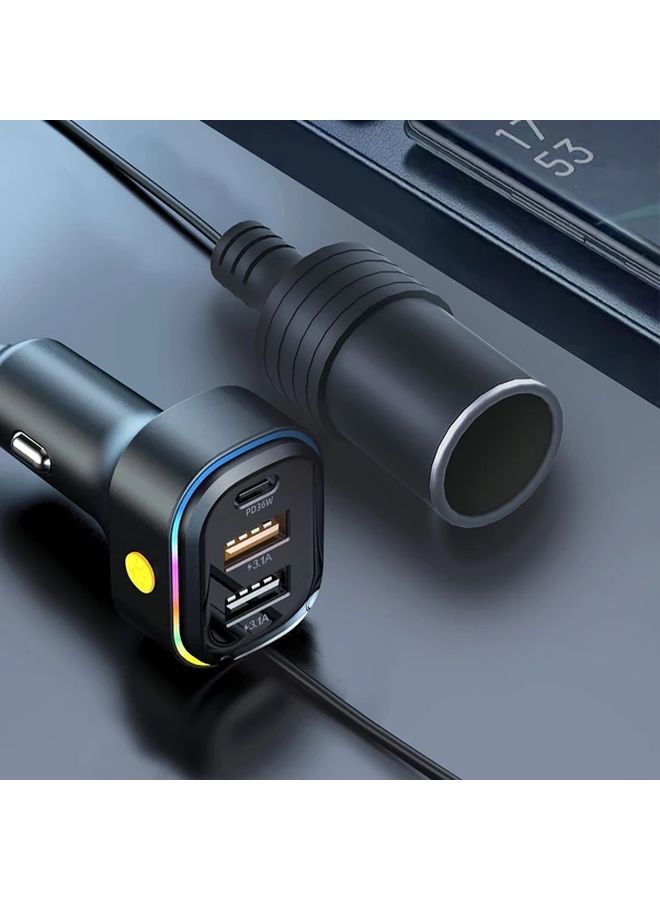Black Car Cigar Lighter Plug 12V Extension Cable with USB PD36W Fast Charging Port - Image 1