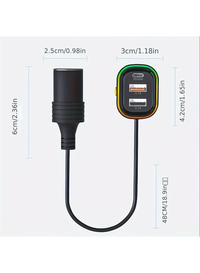 Black Car Cigar Lighter Plug 12V Extension Cable with USB PD36W Fast Charging Port - Image 2