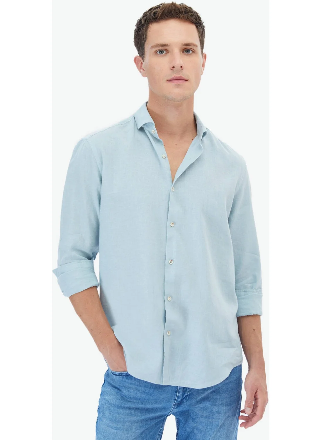 Kip Mint Plain Regular Fit Woven Casual Cotton Blend Shirt