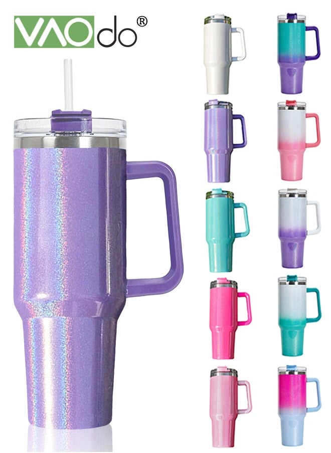 VAOdo - 40 oz Tumbler with Handle and Straw Lid Reusable Stainless Steel Water Bottle Travel Mug Cupholder Friendly Insulated Cup Holiday Gifts for Women Men Him Her Purple 1100ML - Image 1