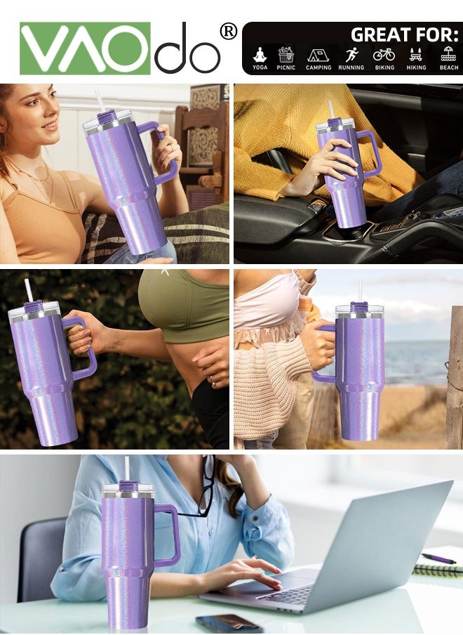 VAOdo - 40 oz Tumbler with Handle and Straw Lid Reusable Stainless Steel Water Bottle Travel Mug Cupholder Friendly Insulated Cup Holiday Gifts for Women Men Him Her Purple 1100ML - Image 1