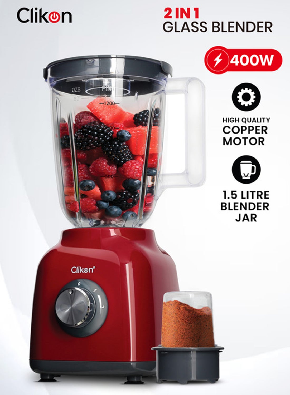 Clikon 2 in 1 Blender With Powerful Copper Motor and 1.5l Unbreakable Jar 1.5 L 400 W CK2294 Red