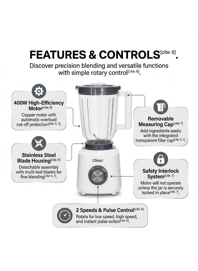 Clikon 2-in-1 Blender | 400W Power | Copper Motor | Practical Blending & Mixing | 2-Year Warranty | CK2294 | Red & Black 1.5 L 400 W CK2294 Red - Image 2