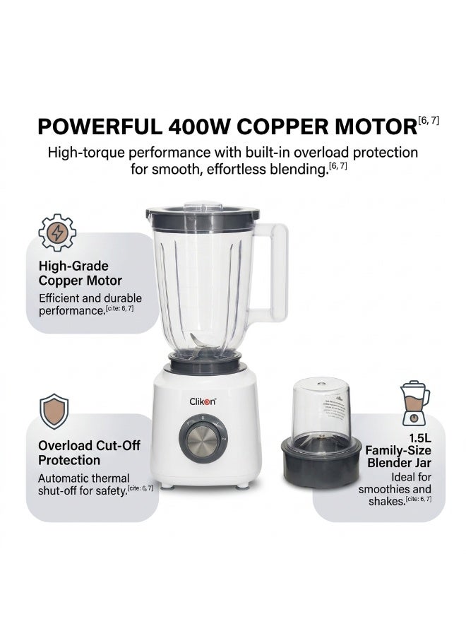 Clikon 2-in-1 Blender | 400W Power | Copper Motor | Practical Blending & Mixing | 2-Year Warranty | CK2294 | Red & Black 1.5 L 400 W CK2294 Red - Image 3