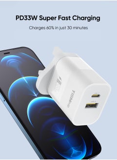 تيسمبرو كابل شحن سريع USB-C إلى USB-C بقوة 60 واط + شاحن PD 33 واط – محول طاقة عالي السرعة وكابل مضفر متين لأجهزة ماك بوك، آيفون، سامسونج، آيباد، أندرويد – منافذ USB-A & Type-C مزدوجة – أبيض  - Image 3