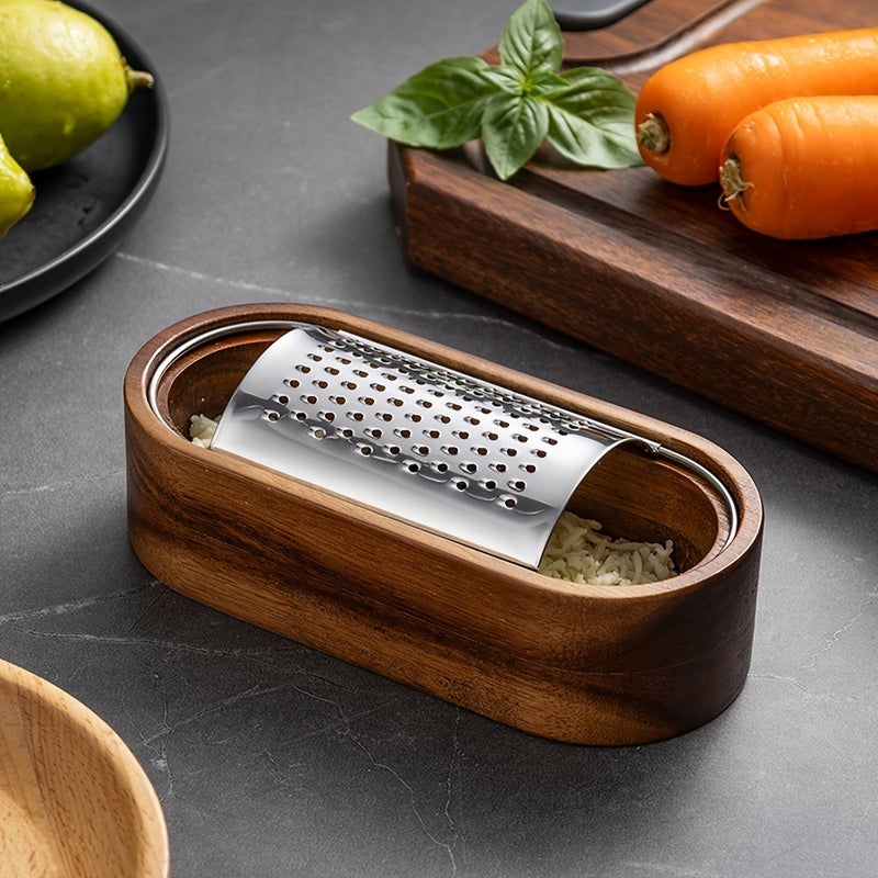1PC Stainless Steel Cheese Grater with Acacia Wood Storage Box - Perfect for Cheesemaking