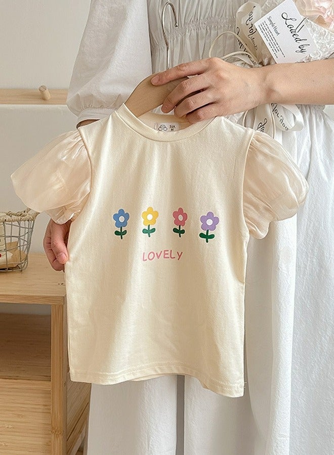 Loquat Girl's Lantern Short Sleeve Crew Neck T-Shirt Printed Cotton Puff Sleeve Tees Apricot 