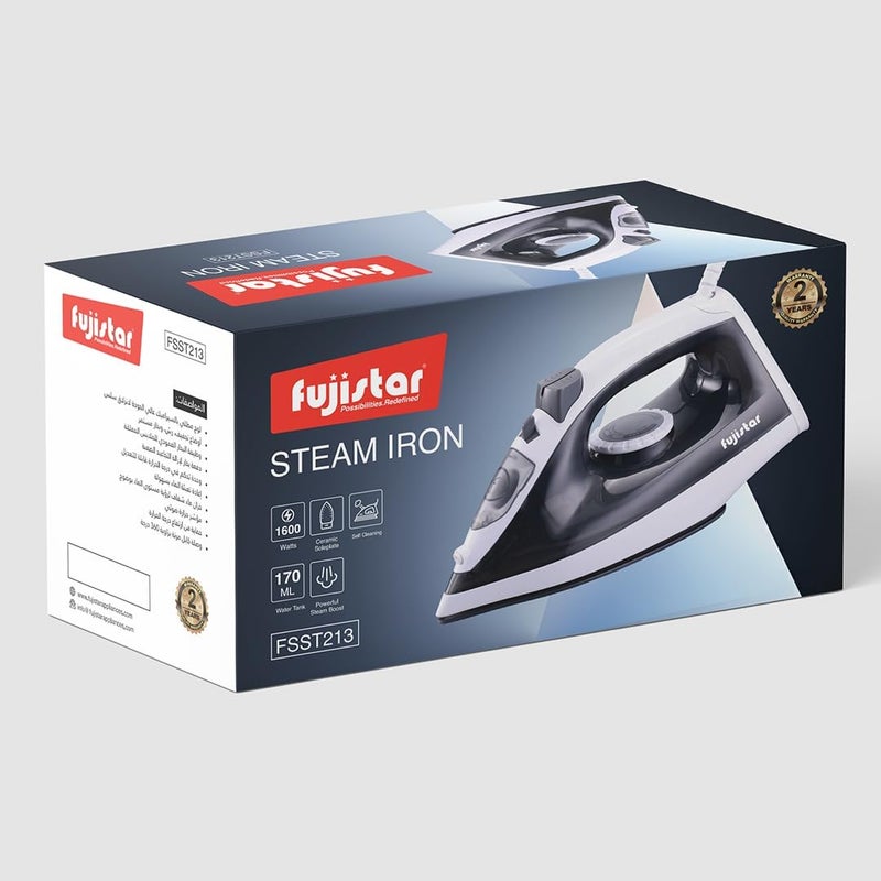 fujistar Steam Iron with Ceramic Soleplate, 1600W, White, Self-Cleaning, Powerful Steam Boost, 170ml Water Tank - Image 2