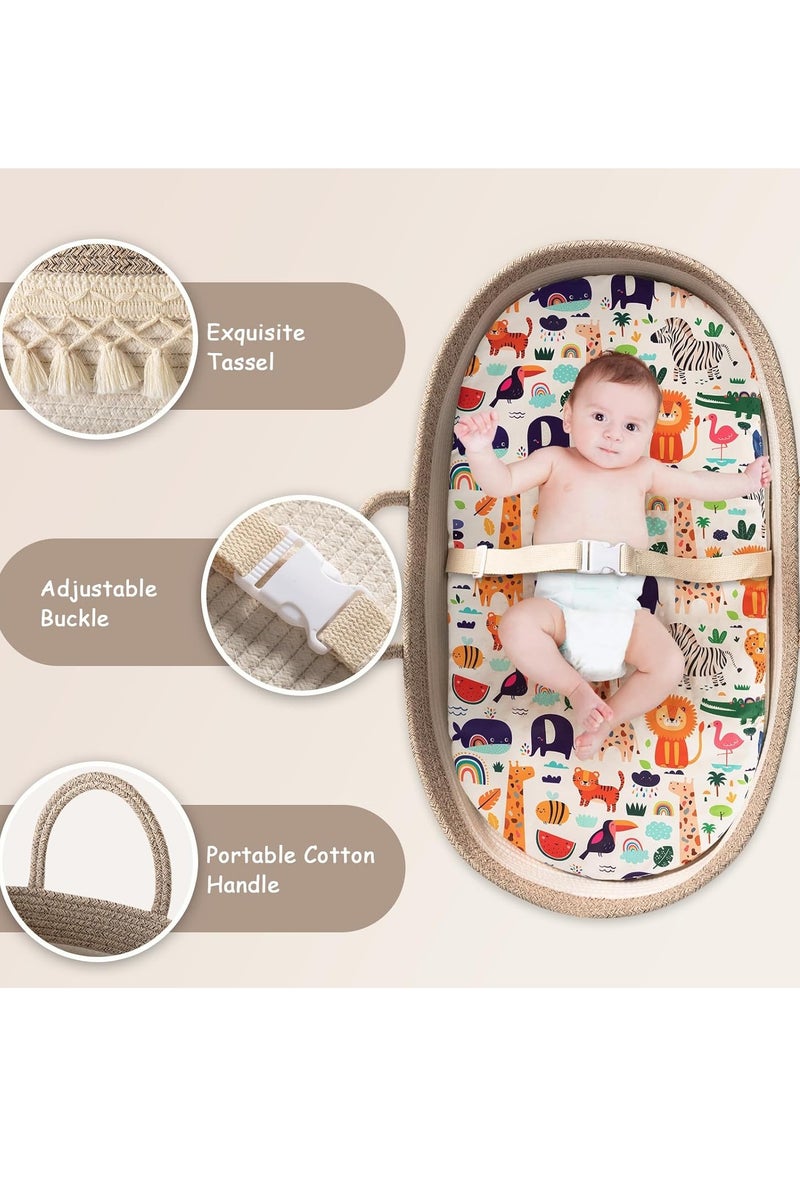 Arabest Baby Changing Basket, Boho Moses Baskets for Newborn, Baby Basket for Baby Dresser, Diaper Changing Basket for Baby with Diaper Caddy, Cartoon Changing Pad, Waterproof Sponge Cushion, Storage Bag - Image 4
