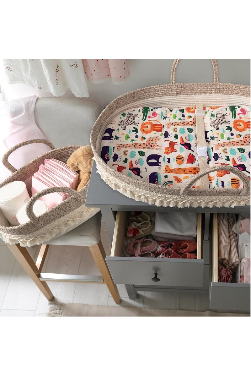 Arabest Baby Changing Basket, Boho Moses Baskets for Newborn, Baby Basket for Baby Dresser, Diaper Changing Basket for Baby with Diaper Caddy, Cartoon Changing Pad, Waterproof Sponge Cushion, Storage Bag - Image 5