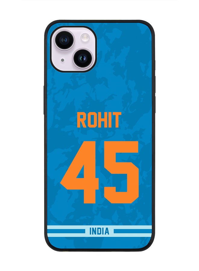 Rugged Black Edge Case iPhone 14 Plus, Slim fit Soft Case Flexible Rubber Edges Thin Cover - Player Name - Rohit Sharma, Jersey Number- 45