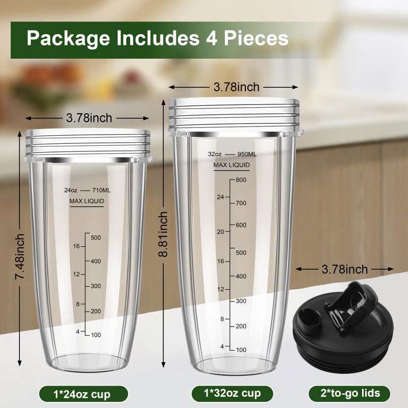 UBYNID Blender Cups Replacement for Ninja, 24oz & 32oz Ninja Blender Cups with To-Go Lids Compatible with Ninja BN401, BL456, BL480, BL2012, BL2013, BL4501, BN751, BN801, SS101, SS151 (2 Pack) - Image 4