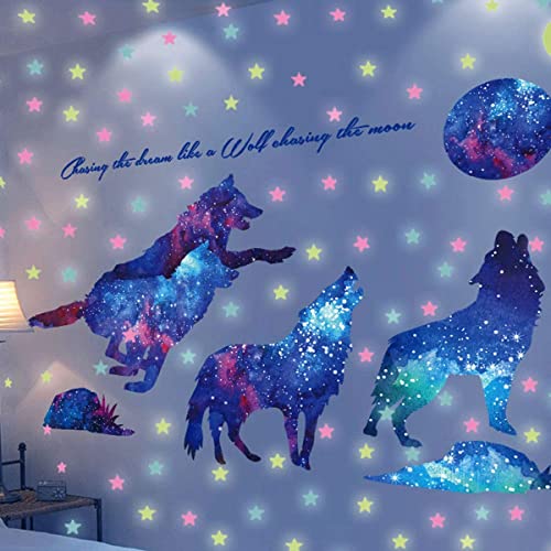 RUIPBOTE Starry Sky Galaxy Wolf Room Decor Wall Decal and Glow Moon Star Stickers RUIPBOTE Teen Bedroom Wall Decor Murals - Image 1