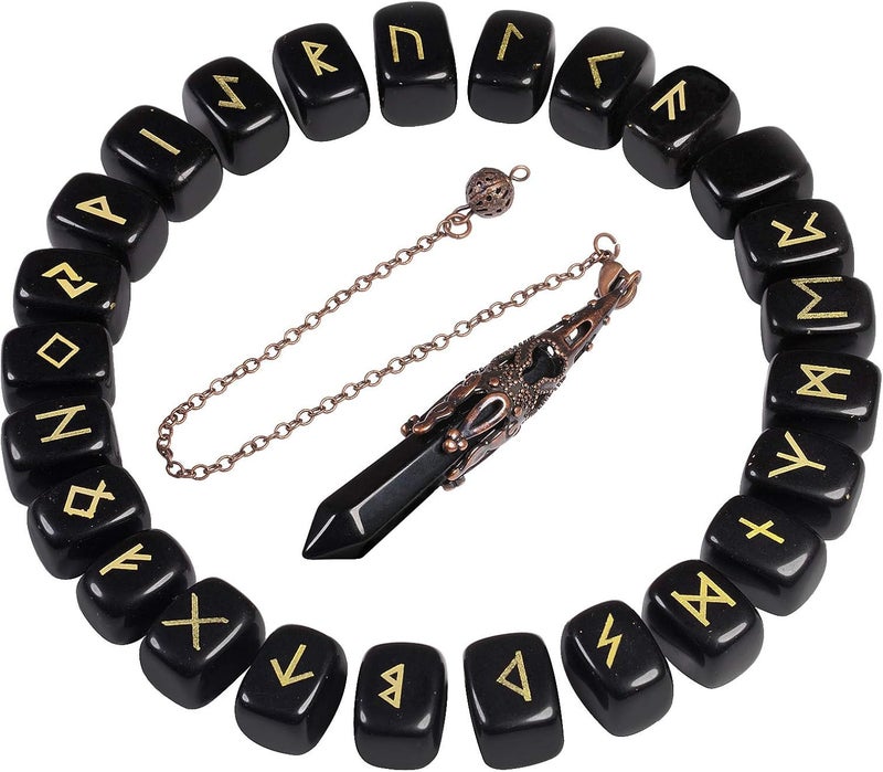 mookaitedecor Black Obsidian Runes Stones Set & 6 Facted Crystal Pendulum for Divination Dowsing Meditation Balancing