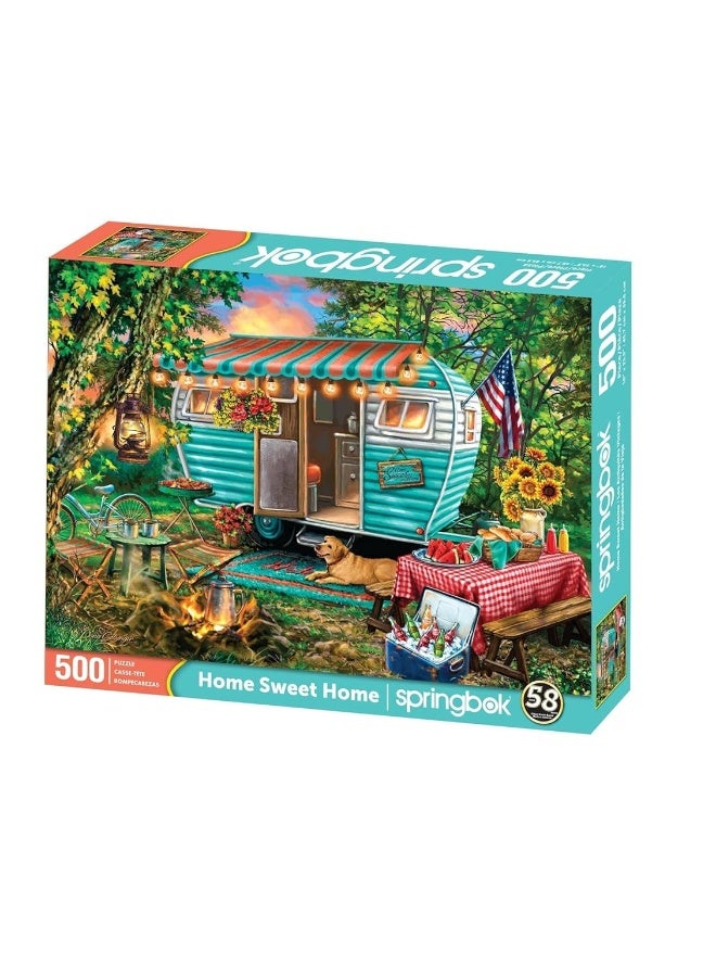 Springbok Home Sweet Home 500 Piece Jigsaw Puzzle - This Colorful Illustration of a Vintage Camper is Ideal for Camping Enthusiasts - Image 1