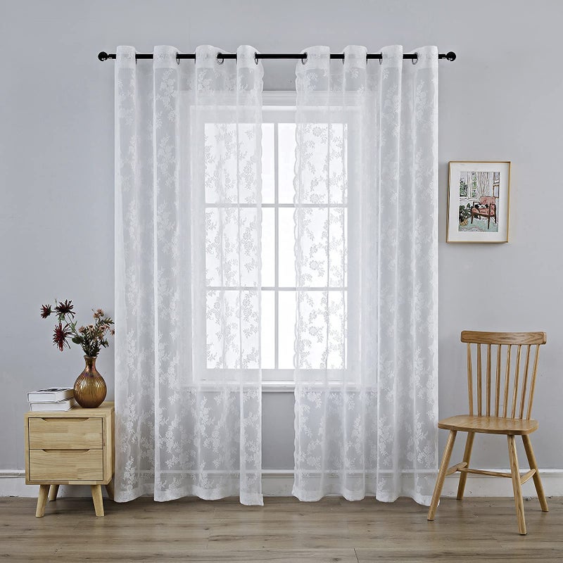 Anytime White Lace Sheer Curtain Panels for Living Room Elegant Window Treatment Sets Light Filtering Translucent Draperies for Office 2 PanelsW55 x L84inch