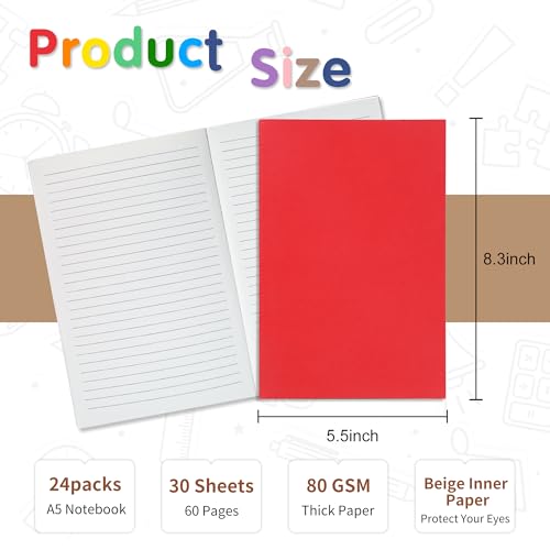 miikoul 24 Pack A5 Lined Notebook Journals in Bulk, Colored Kraft Cover College Ruled Subject Notebook Composition Journal for Student Busines Travelers, 8.3x5.5 Inches, 80 GSM, 60 Pages/30 Sheets - Image 2