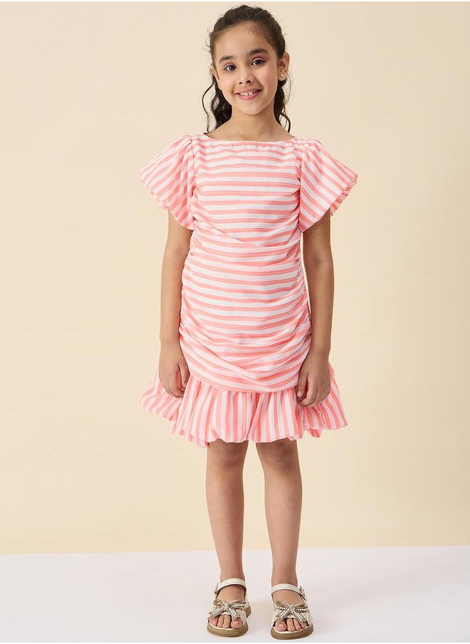 Stylo Bug - Striped Boat Neck A-Line Dress with Ruched Detail by Styli - Image 1
