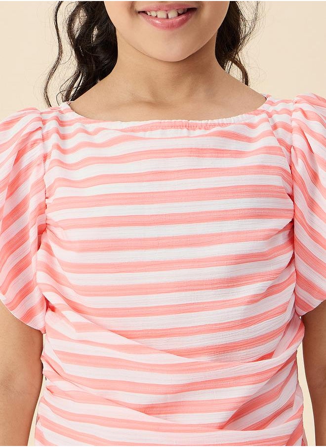 Stylo Bug - Striped Boat Neck A-Line Dress with Ruched Detail by Styli - Image 1