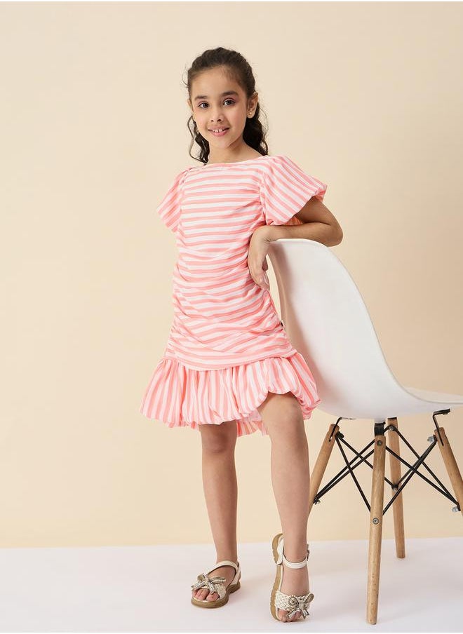 Stylo Bug - Striped Boat Neck A-Line Dress with Ruched Detail by Styli - Image 1
