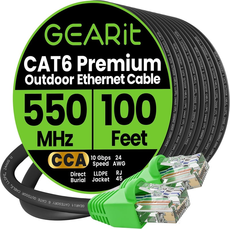 GearIT Cat 6 Ethernet Cable 100 ft, Direct Burial Outdoor Cat6 Ethernet Cable 24AWG High Speed Up to 10 Gbps/550 MHz, LLDPE (PE) UV-Resistant Waterproof Jacket, CCA, RJ45 Internet Cable for Router - Image 1