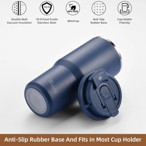 Wosta 750 ml Stainless Steel Insulated Tumbler – Dual-Lid (Flip-Sip + Straw), Tea/Fruit Strainer, Leak-Proof Screw-On Lid, Silicone Straw & Hanging Belt. (Dark Blue) - Image 4