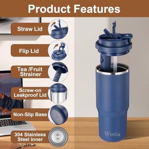 Wosta 750 ml Stainless Steel Insulated Tumbler – Dual-Lid (Flip-Sip + Straw), Tea/Fruit Strainer, Leak-Proof Screw-On Lid, Silicone Straw & Hanging Belt. (Dark Blue) - Image 3