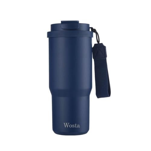 Wosta 750 ml Stainless Steel Insulated Tumbler – Dual-Lid (Flip-Sip + Straw), Tea/Fruit Strainer, Leak-Proof Screw-On Lid, Silicone Straw & Hanging Belt. (Dark Blue) - Image 1
