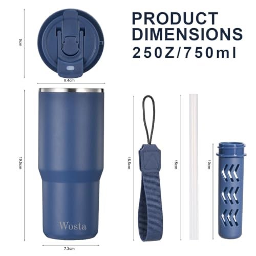 Wosta 750 ml Stainless Steel Insulated Tumbler – Dual-Lid (Flip-Sip + Straw), Tea/Fruit Strainer, Leak-Proof Screw-On Lid, Silicone Straw & Hanging Belt. (Dark Blue) - Image 2
