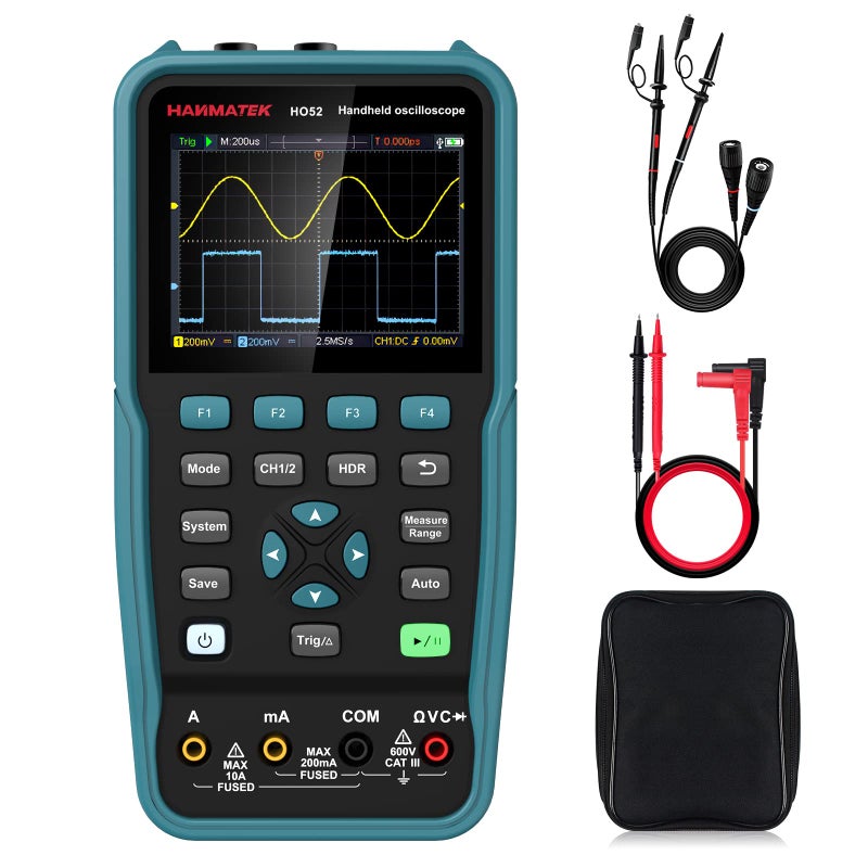 HANMATEK Handheld Digital Oscilloscope 50Mhz Bandwidth with 2 Channels HO52 3.5" TFT Mini Oscilloscope, 2 in 1 Oscilloscope and Multimeter, Backlit Screen, Auto-Calibration Function, Memory Function - Image 1