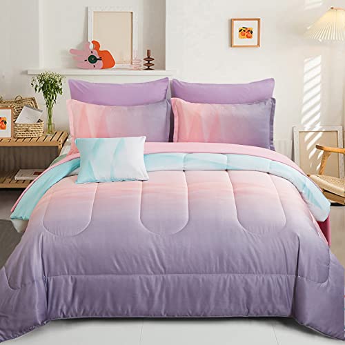 Dinjoy Reversible Girls Comforter Set Full Size Colorful Ombre Blue Pink Purple Rainbow Bedding Set 7 Pieces Bed in A Bag for Kids Teen Girls Women1 Comforter 1 Flat Sheet 1 Fitted Sheet