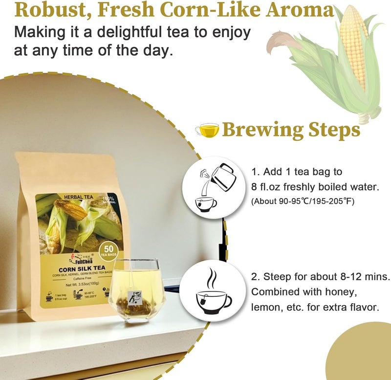 FullChea أكياس شاي حرير الذرة من فول تشيا - 50 قطعة - شاي أعشاب خالي من الكافيين بنكهة حلوة خفيفة ورائحة غنية من الذرة - Image 5