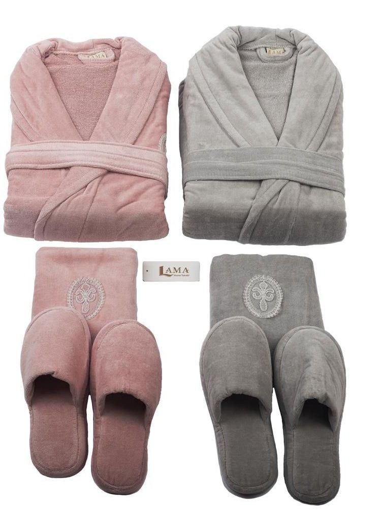 LAMA Home Tekstil Set Bath Robe Grey and Pink Double  - Image 2