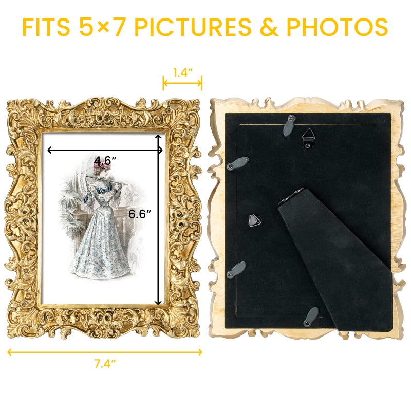 GUOER GUOER 5x7 Picture Frames Vintage Photo Frame with Glass Front Antique Picture Frame for Tabletop Wall Hanging (5x7  Shiny Golden)  - Image 2