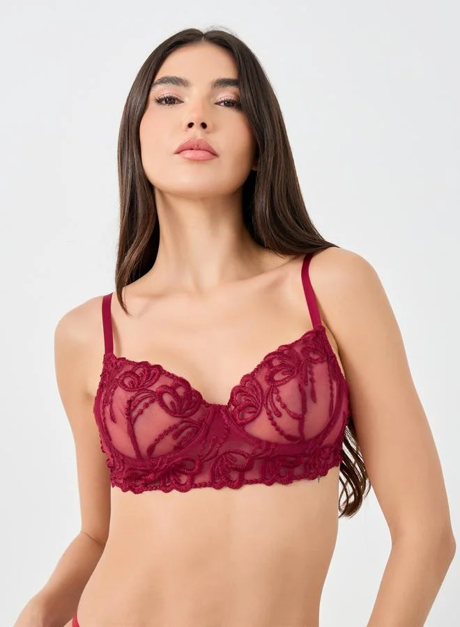 Take Two Take Two Women Embroidered Mesh Wired Bra and Thong Set
