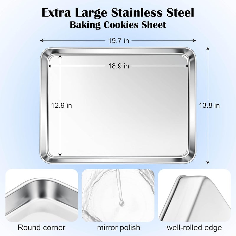 E-far Large Baking Sheet, 20”x14” Stainless Steel Cookie Sheet Pan for Oven, Non Toxic Metal Baking Tray for Cake Cookies, Healthy & Rust Free, Mirror Finish & Dishwasher Safe, 1 Pack - Image 2