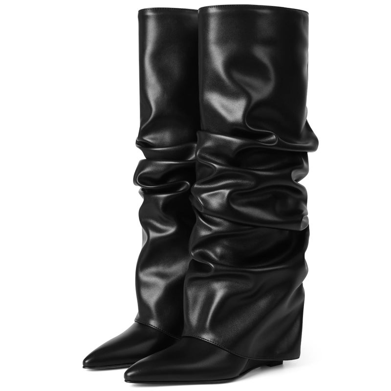 Oiamenne Women's Fold Over Boots Slouched Knee High Boots for Women Wedge Heel Pointed Toe Tall Boot Wide Calf Pull-on - Image 1