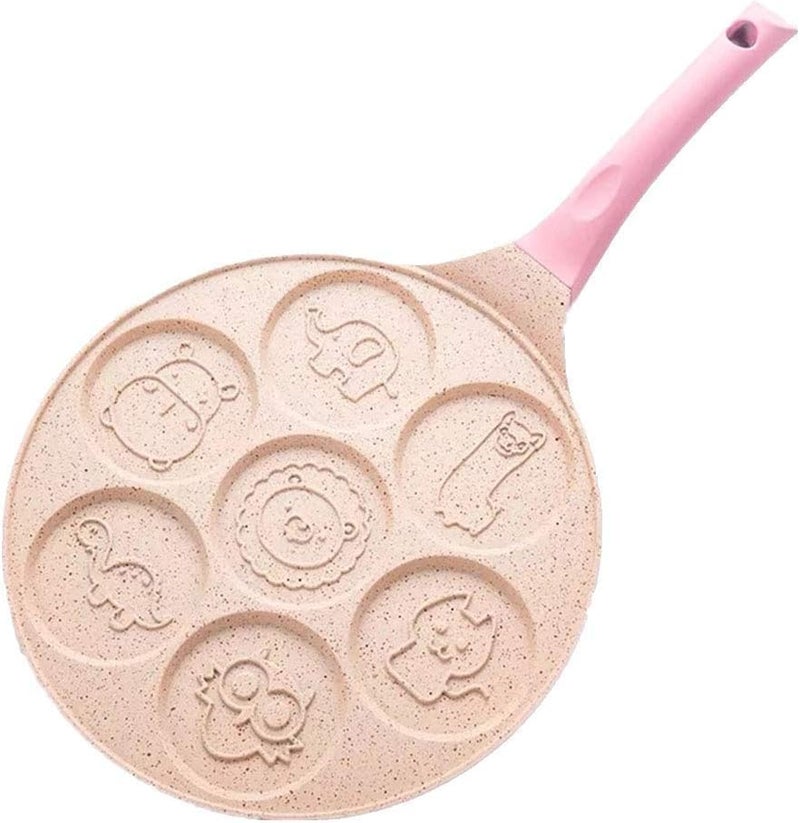 GOPAD GOPAD 7 Hole Pan Cake Frying Pan with Animal Face Shapes, Non Stick Pancake, Multi Snack Maker Pan with Handle for Kids Breakfast (Gas Stove/Pink / 1 Pcs)  - Image 1