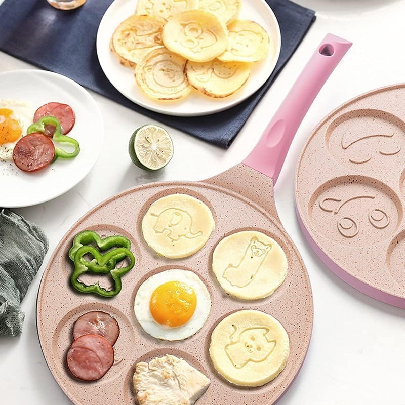 GOPAD GOPAD 7 Hole Pan Cake Frying Pan with Animal Face Shapes, Non Stick Pancake, Multi Snack Maker Pan with Handle for Kids Breakfast (Gas Stove/Pink / 1 Pcs)  - Image 4