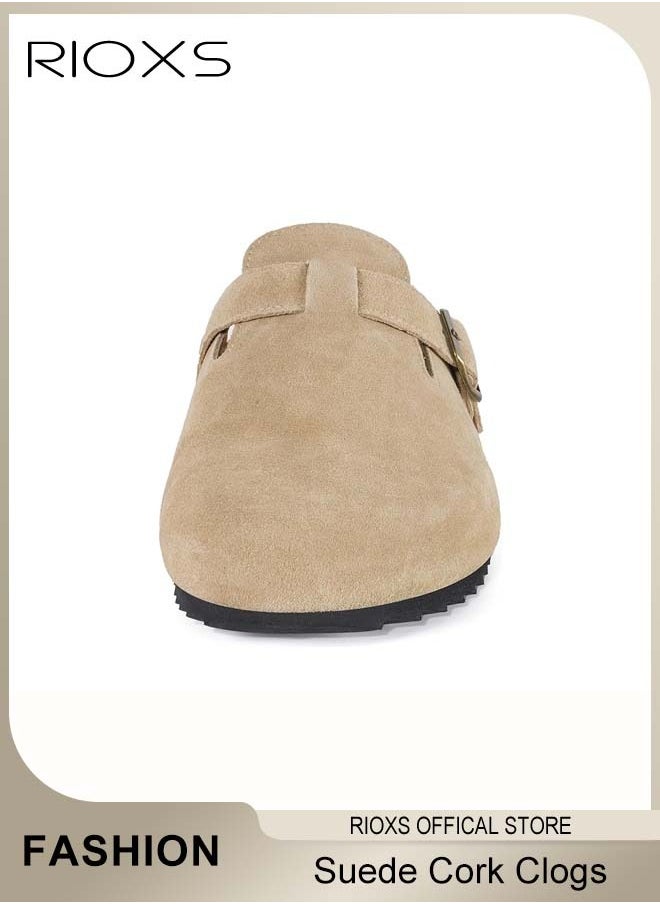 RIOXS - Unisex Suede Clogs,Premium Suede Leather Clogs Sandals For Women And Men,Anti-Slip Flat Mules,Classic Slip-On Closed Toe Slippers,Clogs With  Arch Support And Adjustable Buckle,Casual Clogs For Indoors Outdoor Activities - Image 1