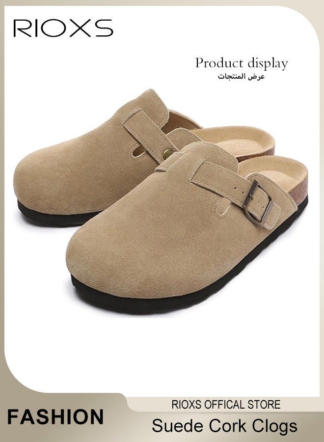 RIOXS Unisex Suede Clogs, Premium Suede Leather Clogs Sandals for Men Women, Anti-Slip Flat Mules, Classic Slip-On Closed Toe Slippers, Clogs with Arch Support and Adjustable Buckle, Casual Clogs for Indoors Outdoor Activities, Brown​ Suede Mules, Wide Feet Friendly Clogs for Work and Weekend Outings - Image 2