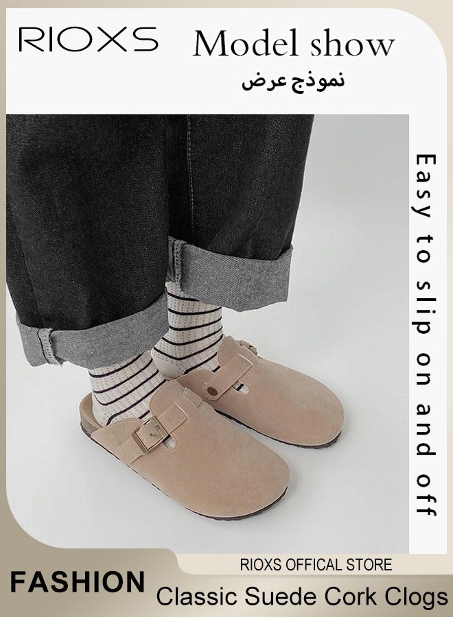 RIOXS Unisex Suede Clogs, Premium Suede Leather Clogs Sandals for Men Women, Anti-Slip Flat Mules, Classic Slip-On Closed Toe Slippers, Clogs with Arch Support and Adjustable Buckle, Casual Clogs for Indoors Outdoor Activities, Brown​ Suede Mules, Wide Feet Friendly Clogs for Work and Weekend Outings - Image 1