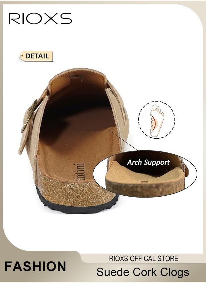 RIOXS - Unisex Suede Clogs,Premium Suede Leather Clogs Sandals For Women And Men,Anti-Slip Flat Mules,Classic Slip-On Closed Toe Slippers,Clogs With  Arch Support And Adjustable Buckle,Casual Clogs For Indoors Outdoor Activities - Image 1