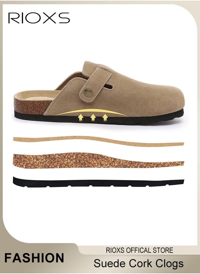 RIOXS - Unisex Suede Clogs,Premium Suede Leather Clogs Sandals For Women And Men,Anti-Slip Flat Mules,Classic Slip-On Closed Toe Slippers,Clogs With  Arch Support And Adjustable Buckle,Casual Clogs For Indoors Outdoor Activities - Image 1